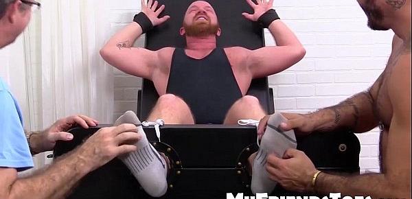  Hairy gay dude Red gets tied down and tickled on the chair